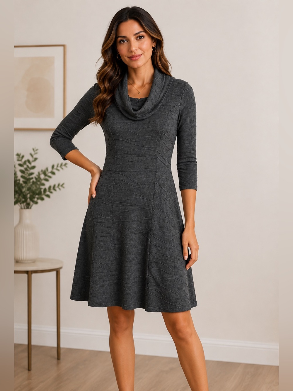 Sheragano Petite 6 Gray Cowl Neck Textured Knit Midi Dress 3/4 Sleeve Workwear